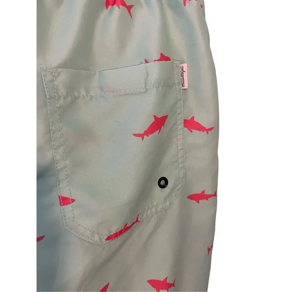 Maamgic mint green swim trunks with hot pink shark pattern - XL